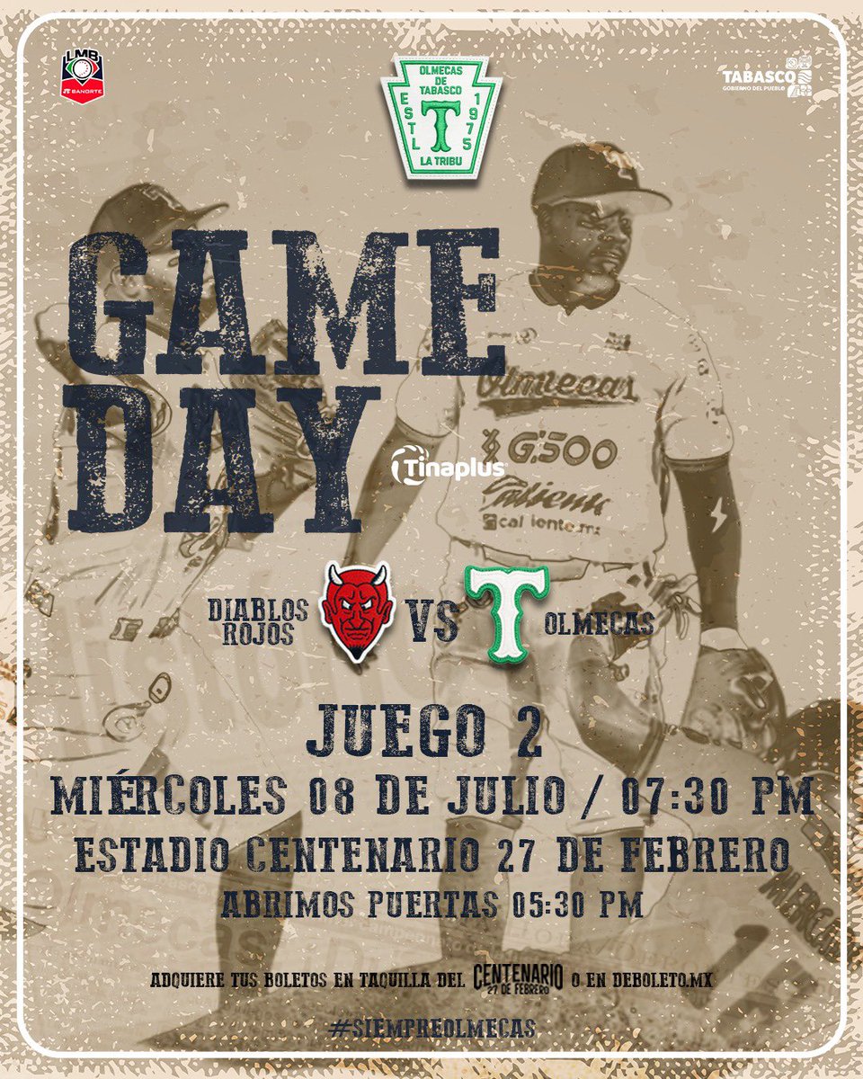 OlmecasTabasco's tweet photo. Segundo de la serie frente a Diablos Rojos del México. Hagamos sentir el apoyo de la afición en el Centenario 27 de Febrero.⚾

📺TVT / TV Ujat
📱Claro Sports / https://t.co/49wH8VYRMl / Caliente Live Streaming 
📻XEVA Tabasco 91.7 FM

Presentado por: #Tinaplus

#SiempreOlmecas https://t.co/bjRZQMgeUP