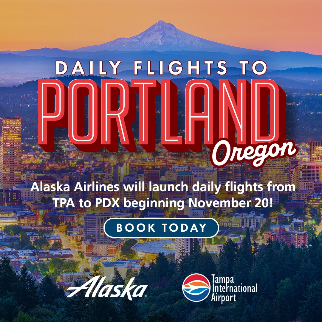 FlyTPA's tweet photo. OHHH HECK YEAH!!! This November, our friends at @AlaskaAir will increase flights to @flypdx to ✨DAILY✨ for the first time ever! 😍 Reaching Oregon has never been easier from TPA. ✈️

TELL A FRIEND AND BOOK NOW: https://t.co/A9U1fJu2h6 https://t.co/Xx1x0UhrWG