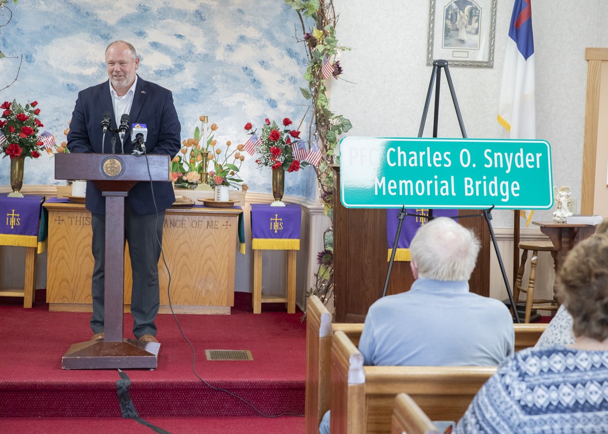 PAHouseGOP's tweet photo. "All gave some, some gave all."

With gratitude in his heart, House Republican Leader Jesse Topper honored the life and service of PFC Charles O. Snyder by dedicating a bridge in his name. https://t.co/7LxSQJYjD8