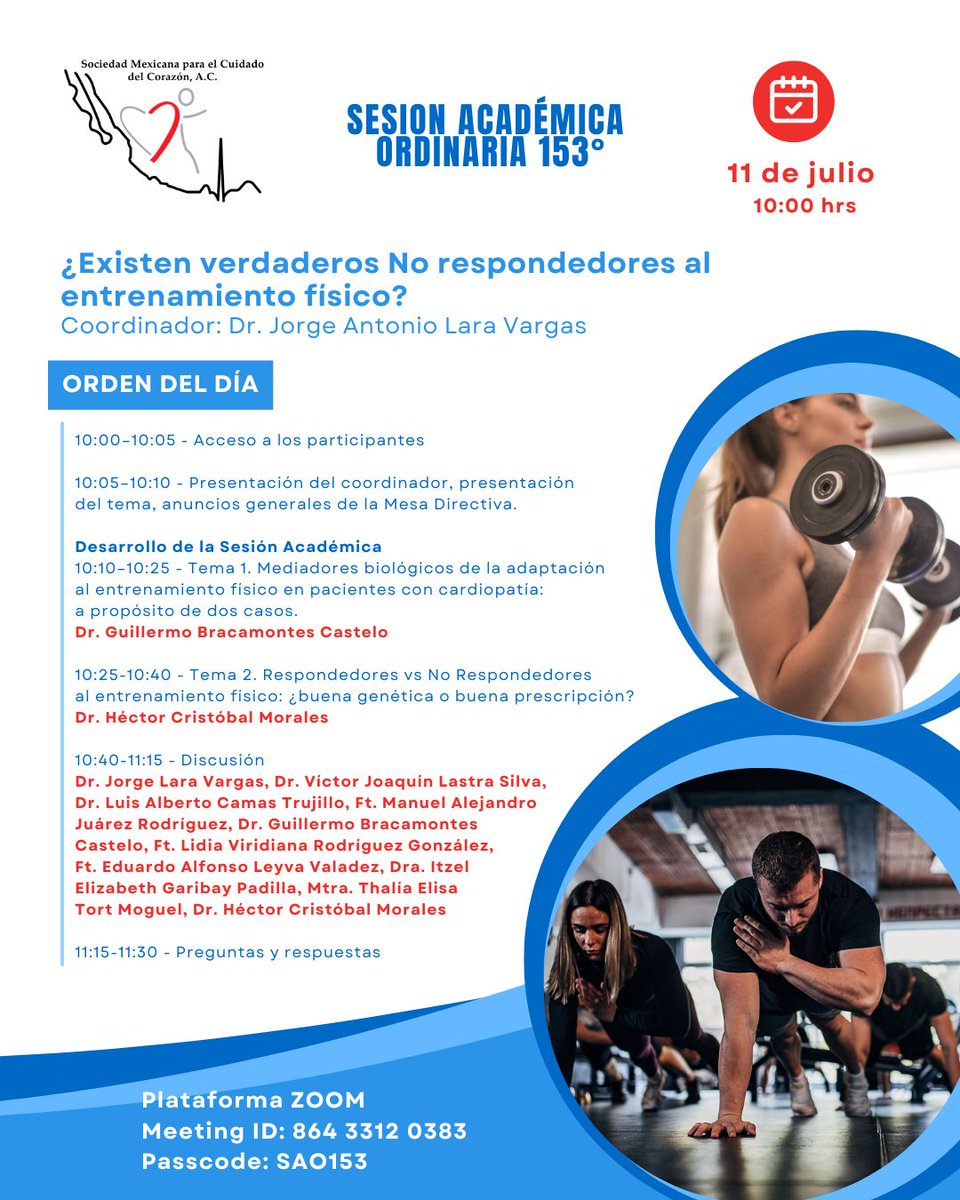 cuidaelcorazon's tweet photo. 🔍 No te pierdas la SAO 153 en Cardiofit 
🗓️ Sáb 11/07, 10:00–11:30 am 

Tema: ¿Existen verdaderos No respondedores al entrenamiento físico? Ponencias y discusión con Dr. Guillermo Bracamontes y Dr. Héctor C. Morales. ✅

💻Zoom ID: 864 3312 0383 
Clave de acceso: SAO153 https://t.co/YoAxZG4m9L