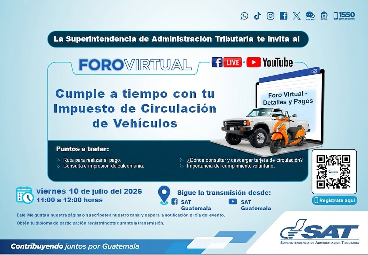 SATGT's tweet photo. 🏍️🚗🚚 ¿Ya pagaste el Impuesto de Circulación?
Si aún no lo has hecho, te invitamos a participar en el #ForoVirtual 'Cumple a tiempo con tu Impuesto de Circulación de Vehículos', para obtener la información de cómo pagarlo y hasta cuándo puedes hacerlo.
📅 viernes 10 de julio 2026
🕚 11:00 a 12:00 horas
💻 Regístrate en ➡️ https://t.co/n0K9EXvIhZ
🎥 Sigue nuestra transmisión en redes sociales