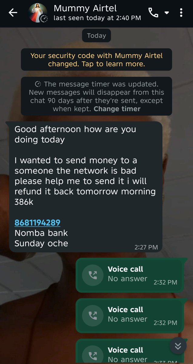 ifebuche's tweet photo. .@nombahq
Someone compromised my mum's WhatsApp number and is sending money transfer requests to people to credit a Samuel Oche, the owner of this account on your platform: 8681194289
I believe you have a responsibility to investigate and act.
@officialEFCC #FIFANTINO https://t.co/3YorUhnH7i
