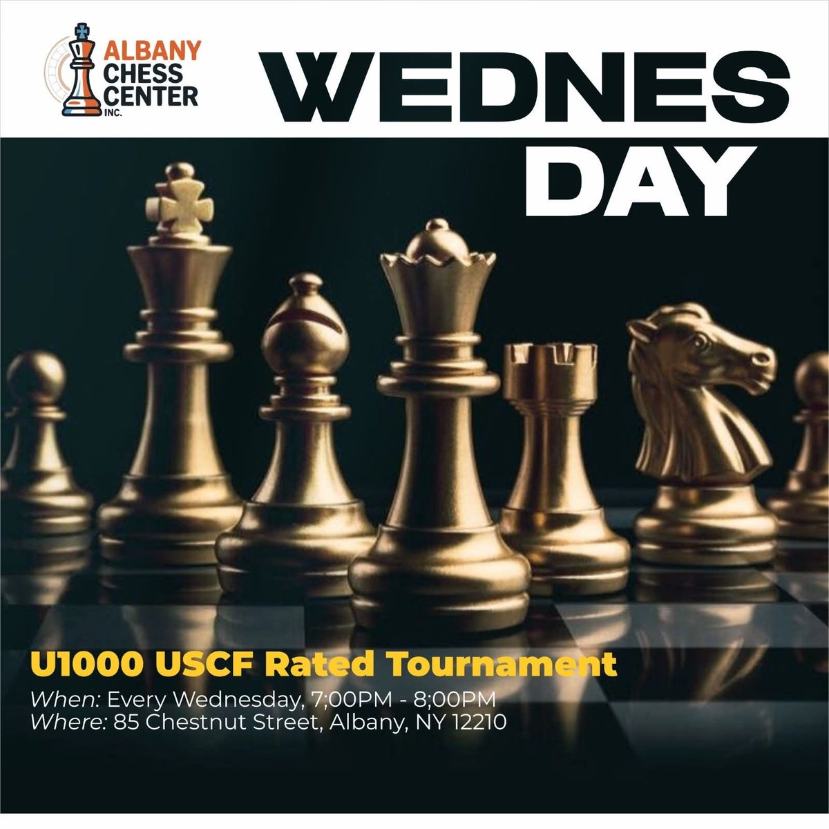 AlbanyChessCtr's tweet photo. IT'S WEDNESDAY AND YOU KNOW WHAT THAT MEANS! 

Wednesdays are officially our busiest night at Albany Chess Center, and tonight's lineup shows exactly why:

Intermediate Chess Class  6:00–7:00 PM
Sharpen your tactics, level up your calculation, walk into your next rated game. https://t.co/0eGD54j7oa