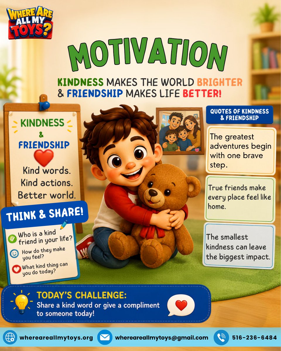 AuthorSamM's tweet photo. 💚 Kindness starts with you.

A kind word can make someone's day brighter. Jimmy's story reminds us that friendship and compassion are treasures that last forever.

📚 Learn more at our website!

#WhereAreAllMyToys #KindnessMatters #KidsBooks #Friendship #Reading https://t.co/zkgDGDvvGS