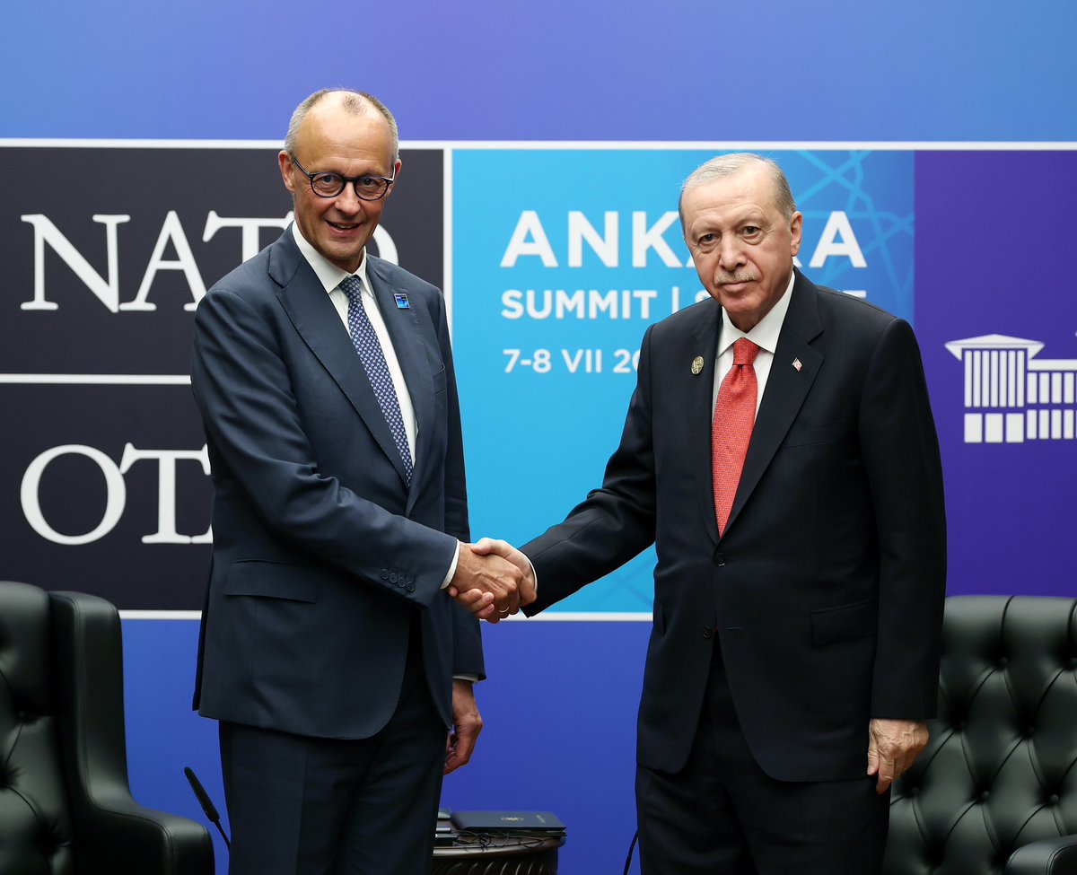 tcbestepe's tweet photo. Cumhurbaşkanımız Sayın @RTErdogan, Ankara’da düzenlenen 36. NATO Devlet ve Hükûmet Başkanları Zirvesi ikili temasları kapsamında Almanya Başbakanı Friedrich Merz ile bir araya geldi. https://t.co/uMykeaECZd