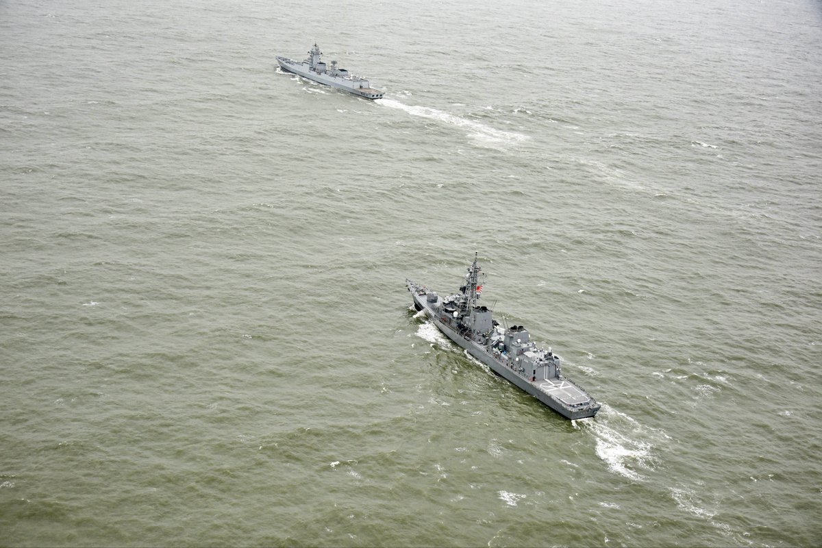 dipusaha665's tweet photo. 🇮🇳🇯🇵 Strengthening Maritime Partnership: JMSDF & Indian Navy Conduct PASSEX

JS Takanami (Takanami-class destroyer) made an operational turnaround at Mumbai and successfully conducted a Passing Exercise (PASSEX) with INS Surat (Visakhapatnam-class stealth guided-missile destroyer). 

This engagement highlights the growing interoperability and strategic trust between the Indian Navy and Japan Maritime Self-Defense Force (JMSDF) in the Indo-Pacific.

- JS Takanami (DD-110): Lead ship of the Takanami-class, equipped with advanced sensors, Harpoon missiles, torpedoes, and a 127mm gun. A versatile multi-role destroyer.
- INS Surat (D69): The fourth and final ship of the Visakhapatnam-class (Project 15B) — a highly capable stealth destroyer built under #AtmanirbharBharat. Armed with BrahMos, Barak-8, advanced radars, and more.
- PASSEX: Short but effective drills that improve coordination in communication, manoeuvres, and tactical procedures — vital for joint operations.

Such interactions are a practical demonstration of the India-Japan Special Strategic and Global Partnership and Quad maritime cooperation. They enhance readiness to keep sea lanes secure amid regional challenges.

Jai Hind! 🇮🇳  
Banzai! 🇯🇵

#IndianNavy #JMSDF #IndoPacific #PASSEX #AtmanirbharBharat