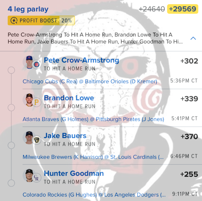 Jigsawbets's tweet photo. 7/8 HR Parlay https://t.co/uyL819E8ET