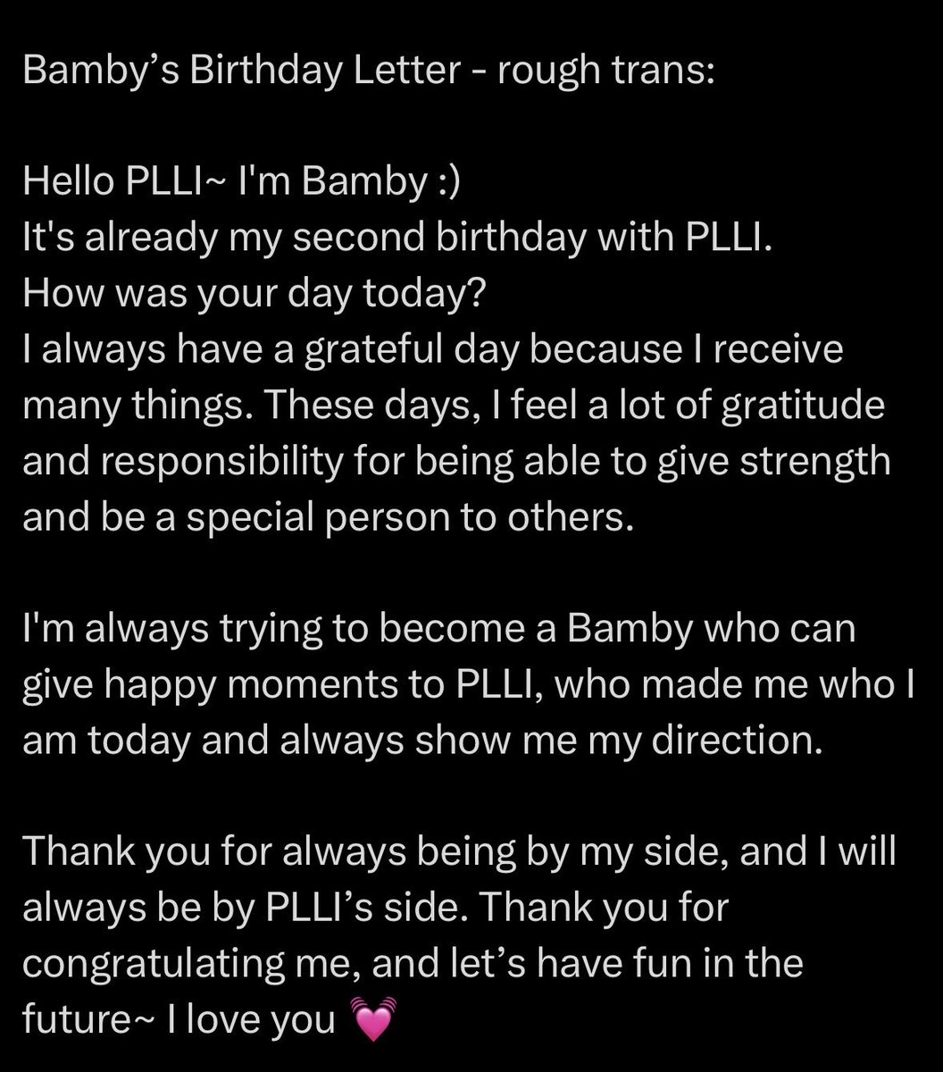 peuldoongnuna's tweet photo. boleh oversharing sedikit? aku tuh seneng banget kalo lagi translate surat-nya bamby. kenapa? karena aku bisa ngerasain bamby tuh kalau lagi nulis surat beneran milih kata-kata yang mau dia sampein ke fansnya. tiap baca suratnya bamby tuh hati jadi hangaaaat sekali, karena tau ini ditulis dengan hati. 

makanya sebenernya setiap lagi translate surat bamby, ku suka ketar-ketir sendiri, udah bener belum ya bahasa inggrisnya? orang-orang bisa ngerasain ga ya apa yang mau bamby sampein? karena most of the time, pasti tetep ada hal-hal yang ga tersampaikan karena keterbatasan bahasa (lost in translation gitu lah). 

tapi kenapa ku tetep “nekat” translate suratnya? karena menurutku sayang banget kalau cuma sedikit orang yang bisa ngerasain betapa besar sayangnya bonggu ke plli lewat surat-suratnya itu. jadi walaupun ku masih bolak-balik cek google translate, masih suka nanya ke mutual yang lebih jago bahasa korea dan bahasa inggris, ku tetep nyoba sharing hasil terjemahanku yang sebenernya juga belum sempurna 😅 semoga walaupun masih ada kurangnya, translasiku ini bisa bantu menyampaikan cinta bonggu ke lebih banyak plli di terra 💓 hehe