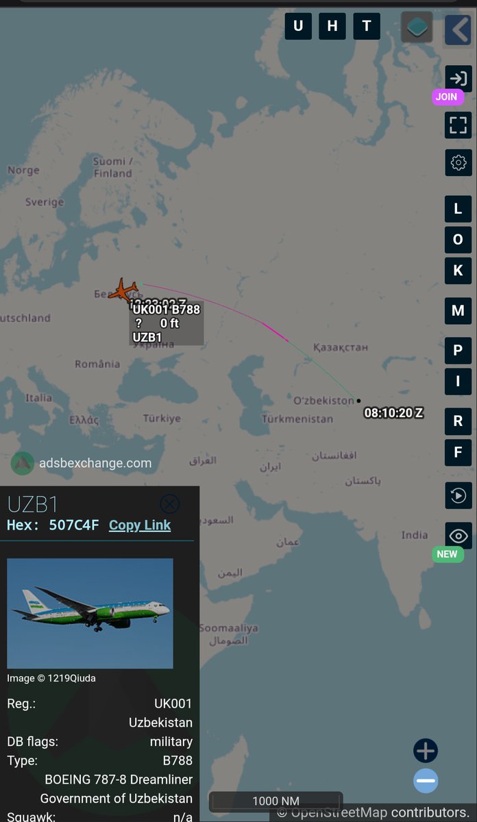 Borrowed7Time's tweet photo. Uzbekistan Govt B787-8 Dreamliner UK-001 #507C4F as UZB1 flew from Tashkent to Minsk with Pres. Shavkat Mirziyoyev on board.
@sipjack1776 @LadyAstroJet https://t.co/mDCzuNORcJ