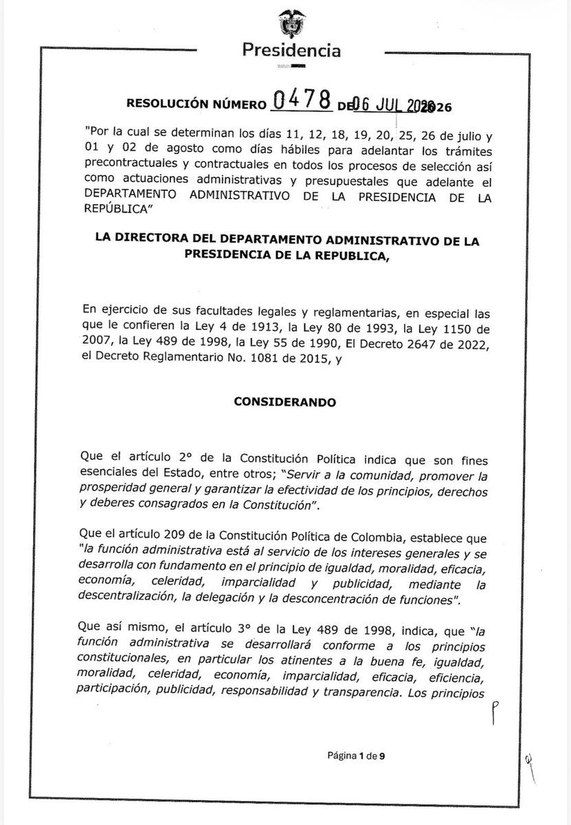 MariaFdaCabal's tweet photo. Escandalosa esta resolución. El DAPRE declaró hábiles el 11, 12, 18, 19, 20, 25 y 26 de julio y el 1 y 2 de agosto, sábados, domingos y el día de la Independencia exclusivamente para trámites contractuales. 

¿Qué contratos no pueden esperar 30 días al gobierno electo? La Contraloría debe activar control concomitante YA.

No trabajaron los fines de semana y festivos por los colombianos y ahora que lo hacen es para entregar contratos.