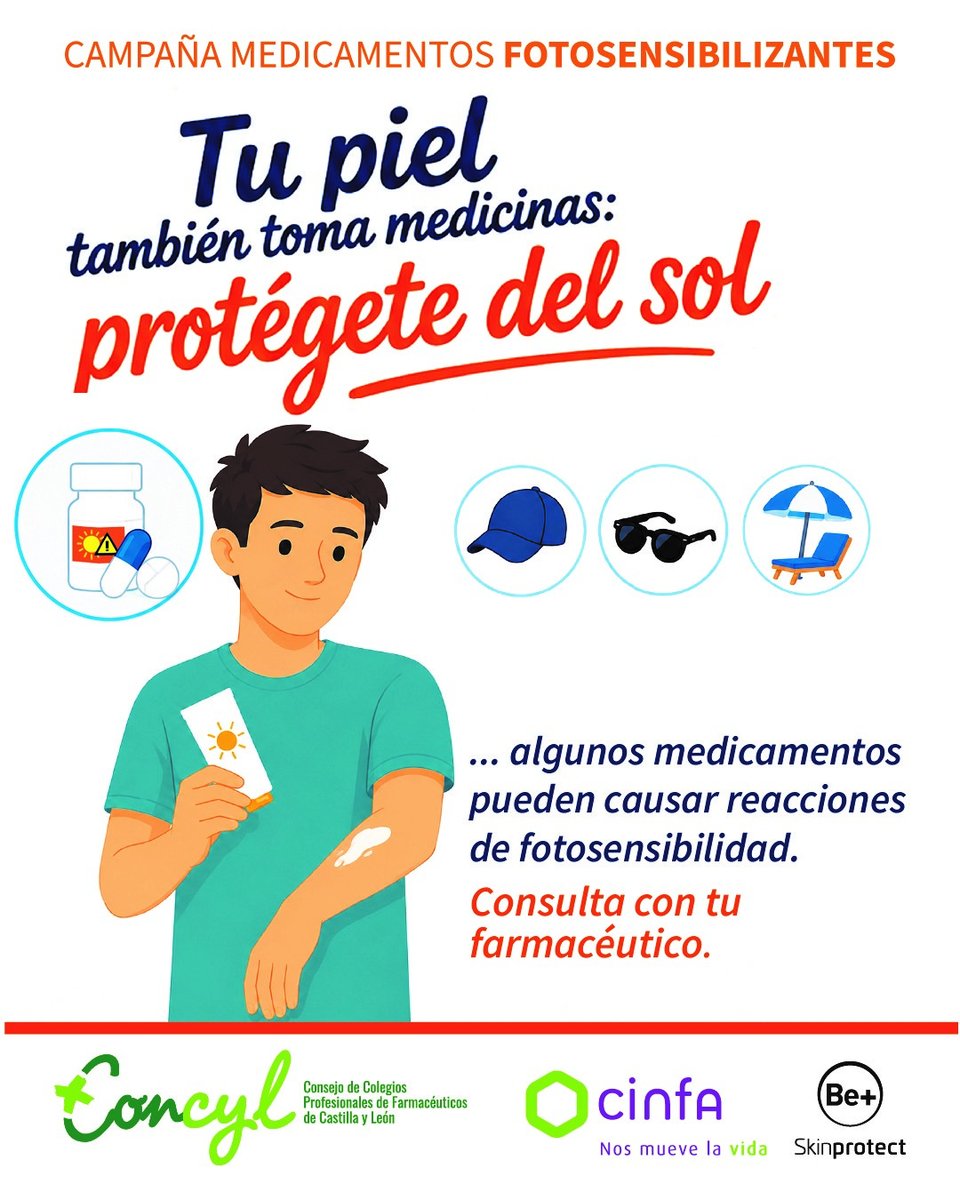 COFLeon's tweet photo. ¿Sabías que tu tratamiento diario podría estar reaccionando con el sol? ☀️💊

🌡️ Muchos de los medicamentos que usamos habitualmente son fotosensibilizantes. 

Al exponernos al sol mientras los tomamos, pueden aparecer manchas, rojeces o quemaduras inesperadas en la piel. https://t.co/9SG46f67pH