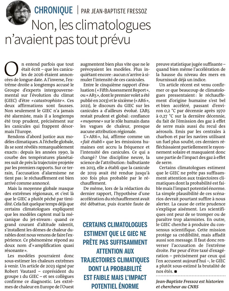 mclucal's tweet photo. Le GIEC avait vu juste à l’échelle globale sur le réchauffement climatique. Par contre, les modèles sous-estiment le risque de chaleurs extrêmes (canicules comme en cet été 2026) et délaissent trop les trajectoires à faible probabilité mais impact énorme. 👍 Jean-Baptiste Fressoz https://t.co/FE23Y3Oaex