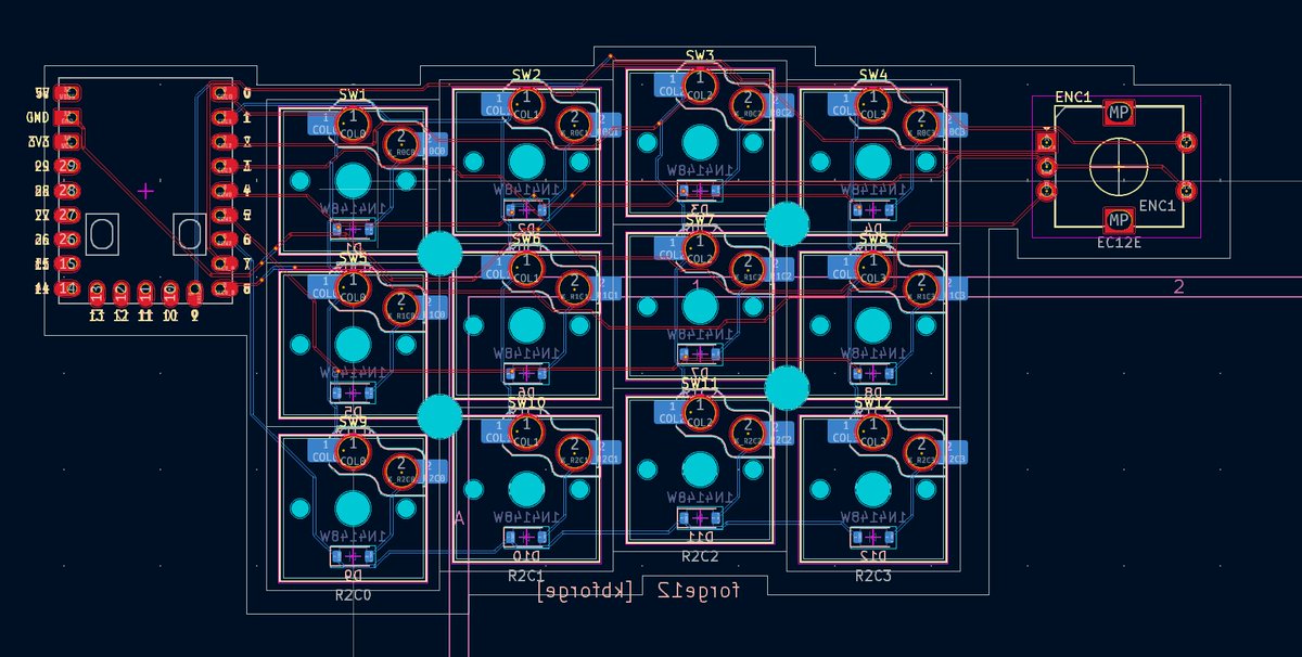 unikedama's tweet photo. kbforg生成PCBその１：forge12
kbforg(自作キーボード基板作成用AI）がテスト用に思いついて勝手に作ったやつ。
Choc 12キー＋EC12、RP2040zero。スペーサーを通す穴が必要なことを後から教えたら、穴を開けて配線しなおしてました。ファームウェアもありますし、基板データ必要な人は差し上げます・・・。#自作キーボード　#AIで生成　#kbforg