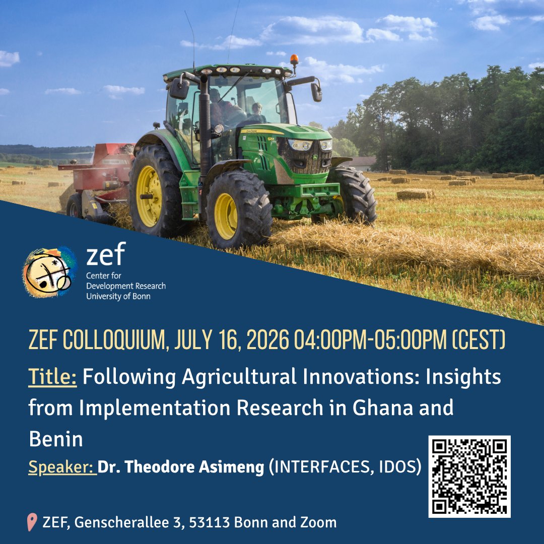 ZEFbonn's tweet photo. Why do agricultural innovations struggle to reach scale among smallholder farmers in Africa?🌱

Join our colloquium with Dr. Theodore Asimeng (INTERFACES, IDOS) as he discusses lessons from Ghana and Benin using the "Follow the Innovation" approach.
🗓️ 16 July, 2026
��� 16:00 CEST https://t.co/p2faJT54Sr