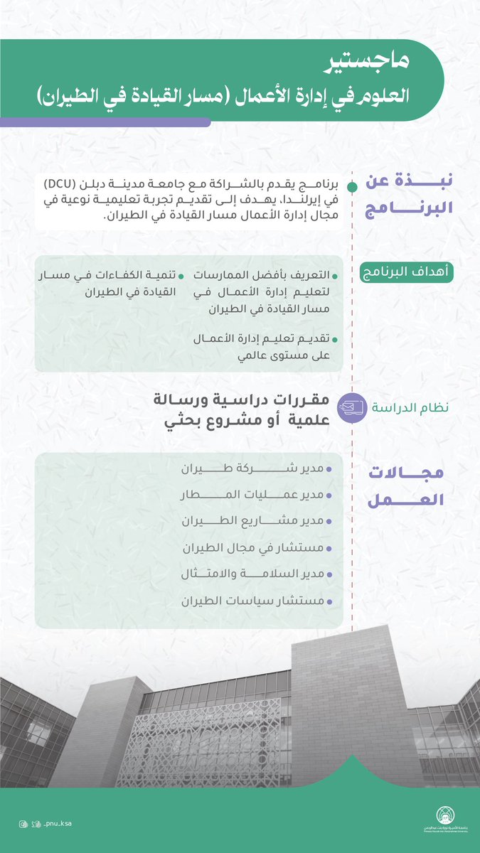 _PNU_KSA's tweet photo. "ماجستير العلوم في إدارة الأعمال (مسار القيادة في الطيران)" في #جامعة_الأميرة_نورة، برنامج يُقدَّم بالشراكة مع جامعة مدينة دبلن (DCU) في إيرلندا، عبر تجربة تعليمية نوعية ونموذج متميز يجمع بين المعرفة الأكاديمية والتطبيق العملي.
للاطلاع على تفاصيل البرنامج:
https://t.co/WrwXybcgEv
#هنا_نورة
