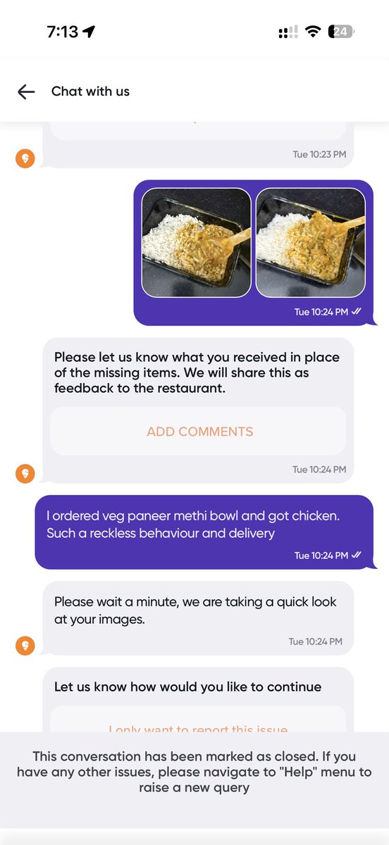 ad95667's tweet photo. 1/ Shocking and completely unacceptable experience with @SwiggyCares @Swiggy
I ordered a Lasooni Methi Paneer Bowl but was delivered a chicken bowl instead. I am a pure vegetarian, and this is not just an incorrect order, it is a serious violation of my dietary beliefs and trust. https://t.co/Py9GUi1UIP