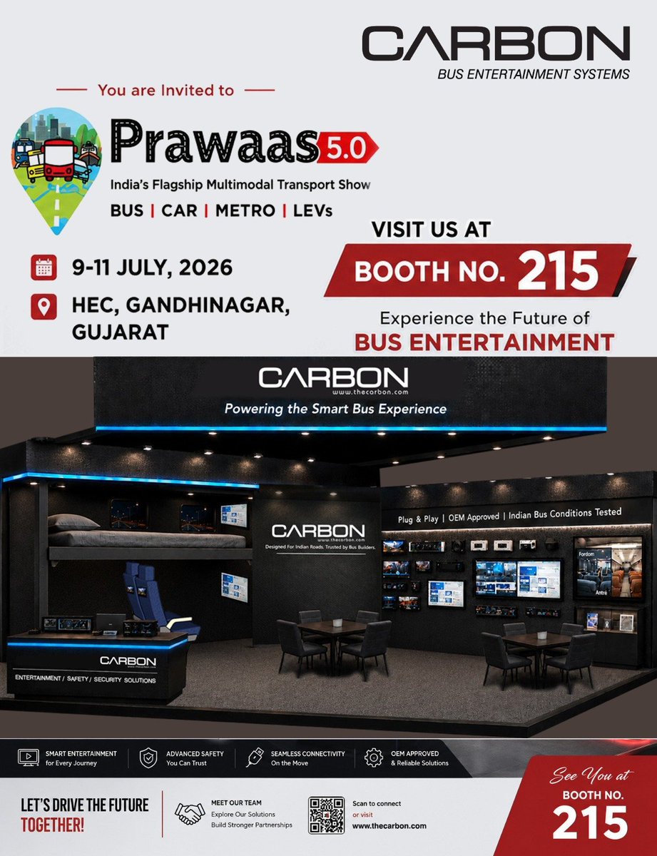 CARBONHTC's tweet photo. We warmly invite you to visit CARBON Bus Entertainment Systems at Prawaas 5.0 – India's Flagship Multimodal Transport Show.

We look forward to meeting you at Booth No. 215.
@HubliCityeGroup @nalavade @JoshiPralhad @VolvoBusGlobal https://t.co/5M5Z1aSigw