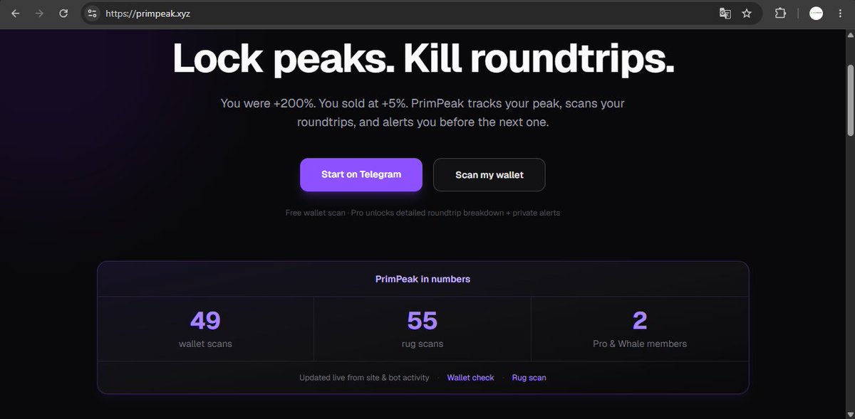 primintsol's tweet photo. PrimPeak just got smoother.

New “Results” experience on the website: you can now view recent scan outputs (wallet checks + rug scans) with detailed summaries for Pro/Whale members — so you can see what the bot detects and why.

If you’re serious about stopping the next roundtrip, start here: https://t.co/GLTCY5CFmq

#Solana #memecoins #DeFi