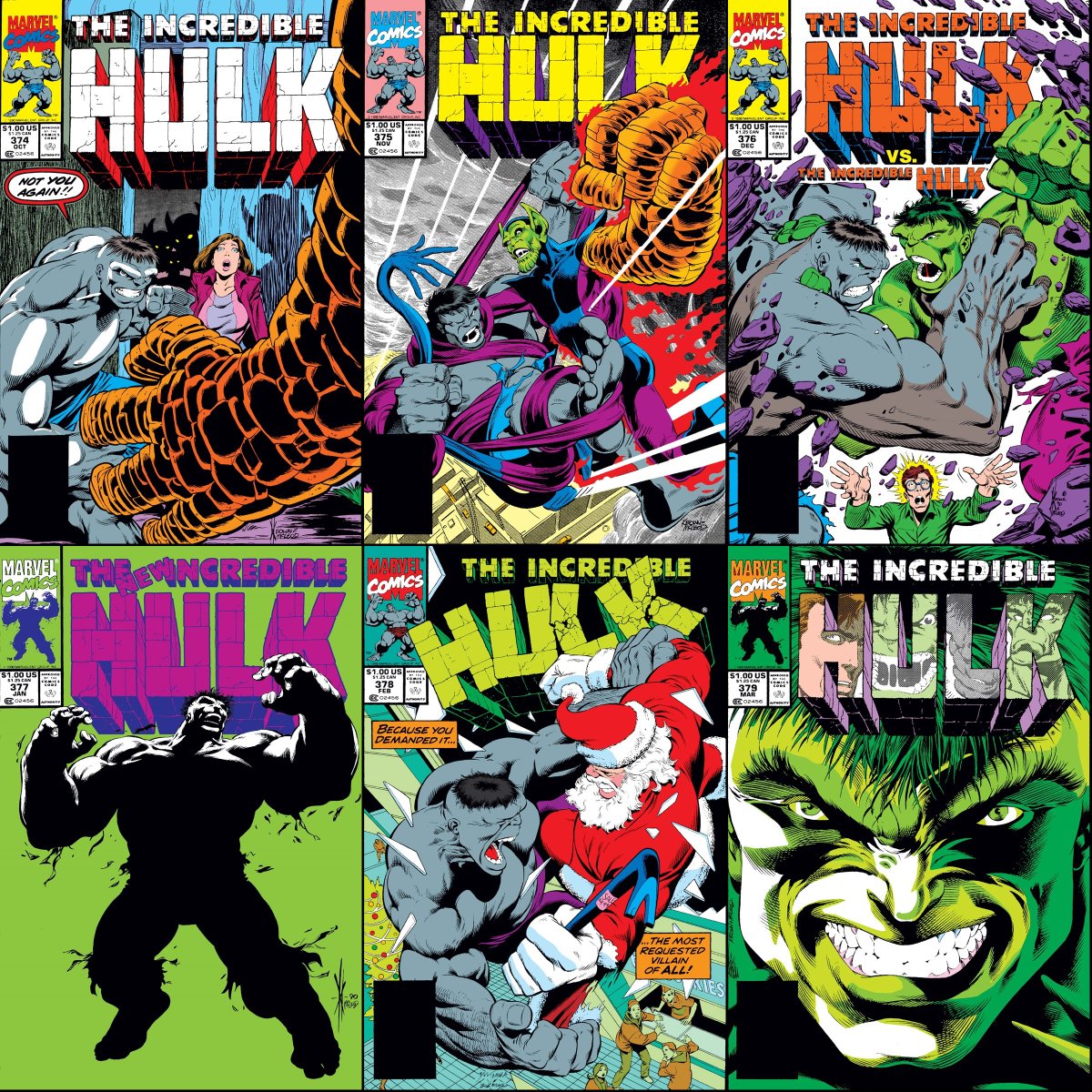 ClassicMarvel_'s tweet photo. Incredible Hulk #374-379 cover dated October 1990-March 1991. https://t.co/vn3JYvuj2x