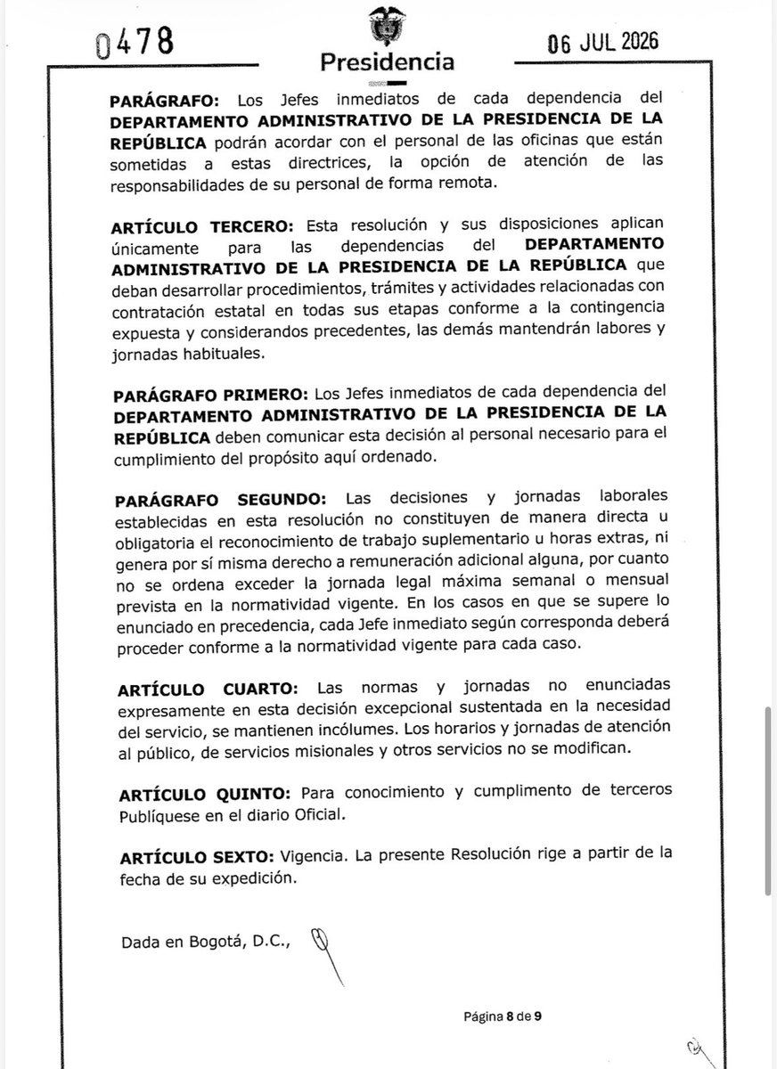 dmarcordoba's tweet photo. Ojo a esta Resolución 0478 de DAPRE:l con la que el Gobierno Petro habilitó sábados, domingos y hasta el 20 DE JULIO como “días hábiles”… solo para CONTRATAR. 

La Presidencia trabajará festivos, no para gobernar, sino para amarrar el gasto antes del 7 de agosto. @jrestrp https://t.co/duyi7cUii3