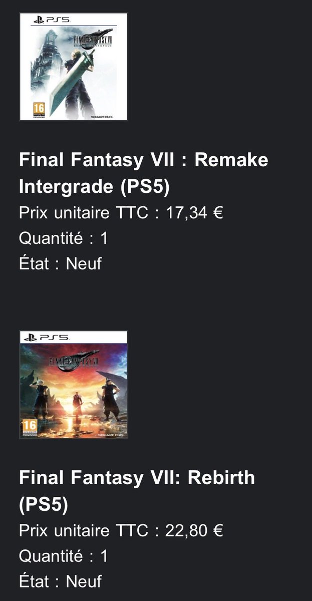 monkeyDju_'s tweet photo. Je viens d’acheter Final Fantasy VII Remake + Rebirth pour 40€ au lieu de 110€ sur le PS Store mais on me dit que je suis censé préférer le digital mdrrrr https://t.co/qqKoBIGf4M