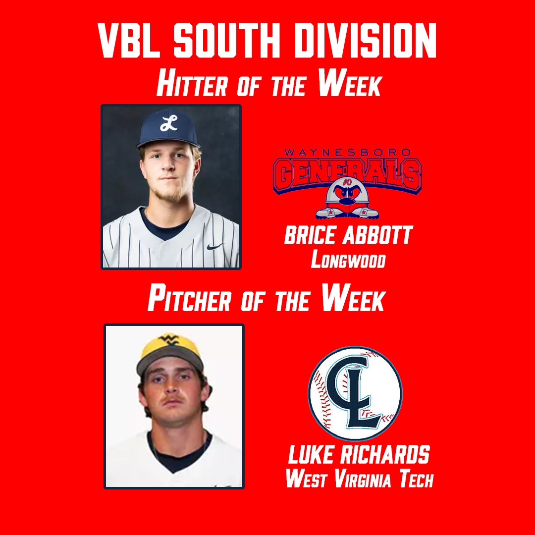 VBLBaseball's tweet photo. July 8 South Division Weekly Awards
Hitter of the Week is Brice Abbott @wborogenerals @LongwoodBase  
Pitcher of the Week is Luke Richards @LumberjacksVBL @WVUTechBase https://t.co/LjWFKXw7Xq