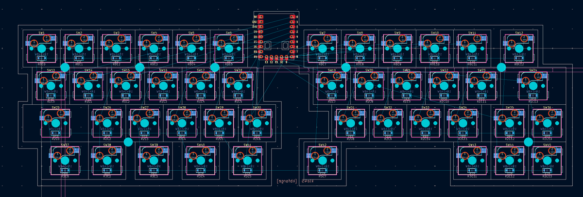 unikedama's tweet photo. kbforg生成PCBその３：[kle45] 
KLE（Keyboard Layout Editer)で作成したRowデータを貼り付けて基板を作るテスト用。MCUの位置を考えような？へのアンサーとして、間が空いてたらそこに入れることを覚えさせました。#自作キーボード #AIで生成 #kbforg https://t.co/ntyhnZ8xwg