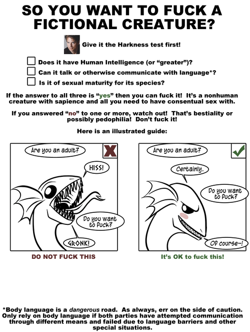 RestrictRaptor's tweet photo. @WARDRAWS_Art Nope.
Puritans will always bring this up. The problem only pops up of said feral is unintelligent, etc.

Whenever in doubt, refer to the Harkness test https://t.co/94MlCogX1g