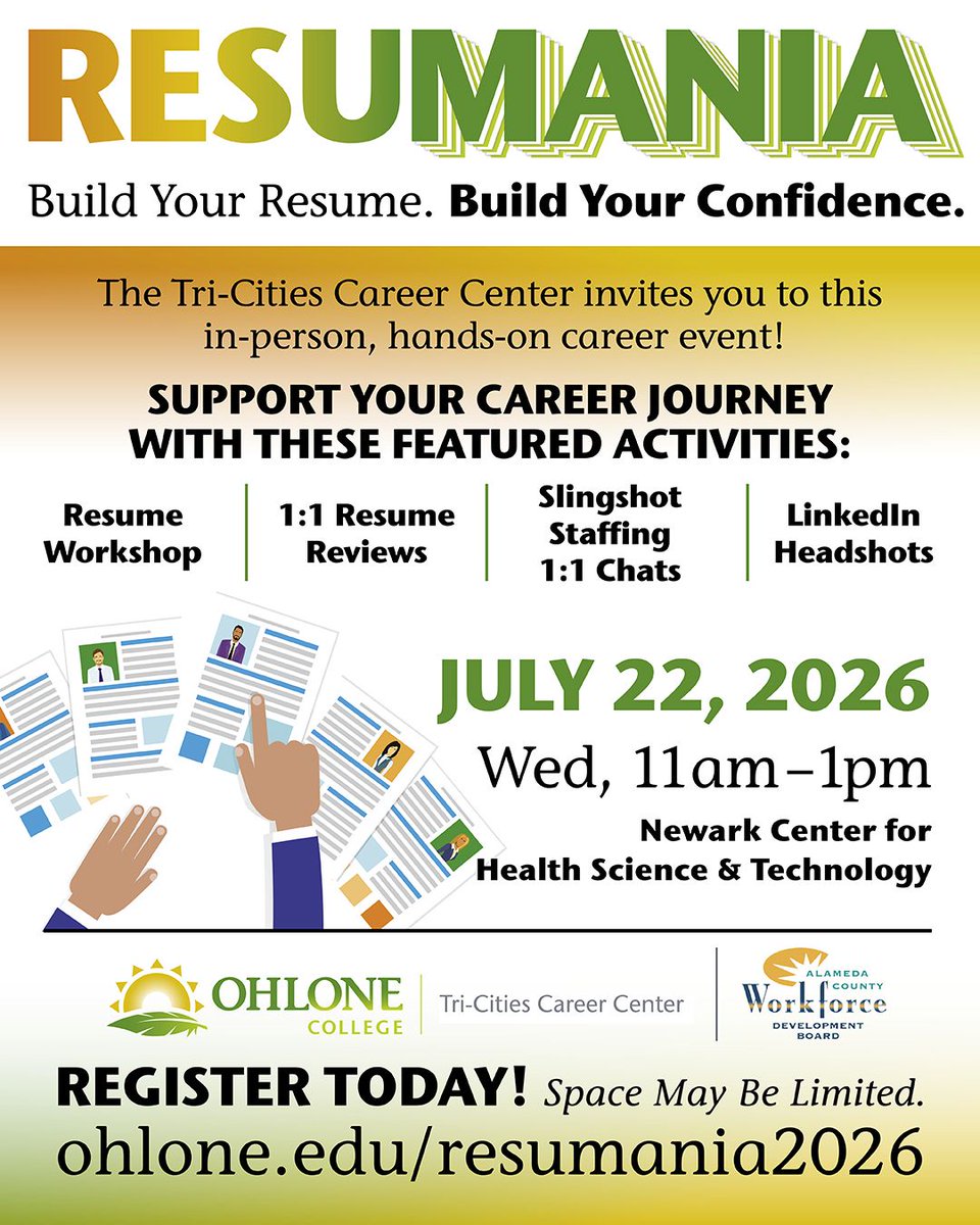 OhloneCollege's tweet photo. 💼 Land your next opportunity with the Ohlone College Tri-Cities Career Center's Resumania event! Join us on July 22 to get your resume reviewed, take LinkedIn headshots, and more. RSVP at https://t.co/KQDKkLOaIY https://t.co/x3hUgI7RP4