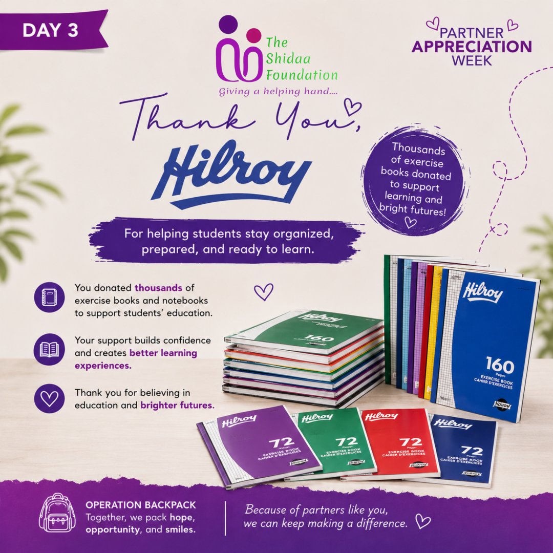 Shidaa_Fdn's tweet photo. 🎉 𝗣𝗮𝗿𝘁𝗻𝗲𝗿 𝗔𝗽𝗽𝗿𝗲𝗰𝗶𝗮𝘁𝗶𝗼𝗻 𝗪𝗲𝗲𝗸 – 𝗗𝗮𝘆 𝟯

Today, we are proud to recognize  @HilroyCanada , a trusted brand that has been part of Operation Backpack from the very beginning.

For years, Hilroy notebooks have been placed in the backpacks we distribute to students, helping equip thousands of children with the essential supplies they need to succeed in school. Today, we are grateful to have Hilroy as a valued partner supporting our mission and helping us continue to make a lasting impact.

Thank you, Hilroy, for believing in our vision and for investing in the education and future of children, one notebook at a time. 💙📚

#PartnerAppreciationWeek #Hilroy #OperationBackpack2026 #TheShidaaFoundation #EducationMatters #GivingBack #CommunityImpact
