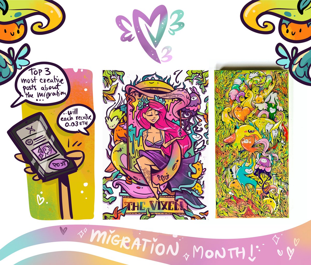 MetaVixensNFT's tweet photo. ✨MV MIGRATION MONTH✨

Dear Vixen Fam, this month we are celebrating art, new beginnings and a successful migration to mainnet with a few fun events!

💜 The first 7 Vixen collectors (main collection sales, of minimum 1 ETH) after migration are to receive The Vixen Tarot Card, a special MV Exclusive piece created to celebrate this beautiful new chapter of our journey that we have just embarked on. Total supply: 7. Limit of one piece/Holder.

💜 Every main collection sale of minimum 1 ETH after the migration and until Thursday 30th July at noon CET will count as an entry to a Migration Special art raffle, drawn live on Discord during the Vixen Chill Space on the 30th July. 
The prize: The Great Migration, physical piece 20x40 cm, acrylic on canvas, 2026 - pictured below. Must still hold purchased Vixen at time of draw.

💜 Three of the most original/fun/artistically creative/stand out X Posts about the Vixen Migration will be selected to receive 0.03 ETH!
Deadline: 30th July noon CET. Winners also to be announced during the Vixen Space on the 30th July.
Ideally QT this with your entry post for easy finding & have fun spreading the word!✨

Cheers to new exciting beginnings together!

Love,
Ana 

💜✨💜✨💜✨💜✨💜✨💜✨💜✨💜✨💜✨💜