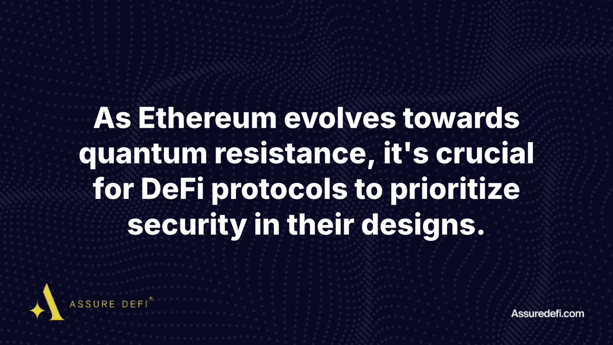 AssureDefi's tweet photo. As Ethereum evolves towards quantum resistance, it's crucial for DeFi protocols to prioritize security in their designs. 

Transitioning to quantum-resistant signatures and enhancing auditing practices will ensure trust in decentralized finance remains robust. 

Security must keep pace with innovation.

What are you building that you think is so out of the box that no security solution exists for it yet?