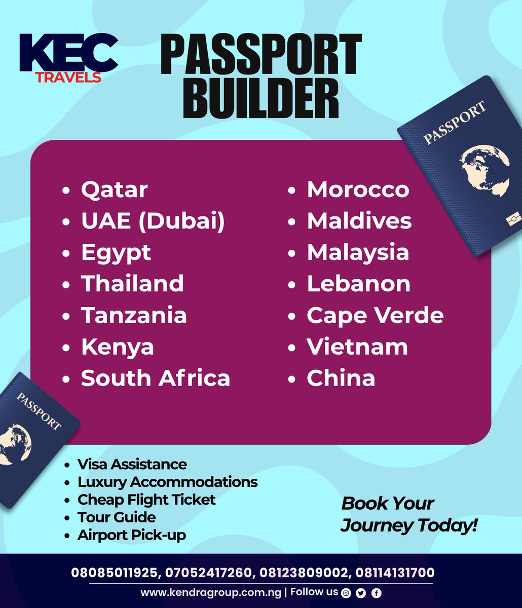KendraGroupLtd's tweet photo. 14 easy  visas you can use to build your travel history and passport as a Nigerian Passport holder. 

Reach out to us for further enquiry. https://t.co/BHDHFIueyf