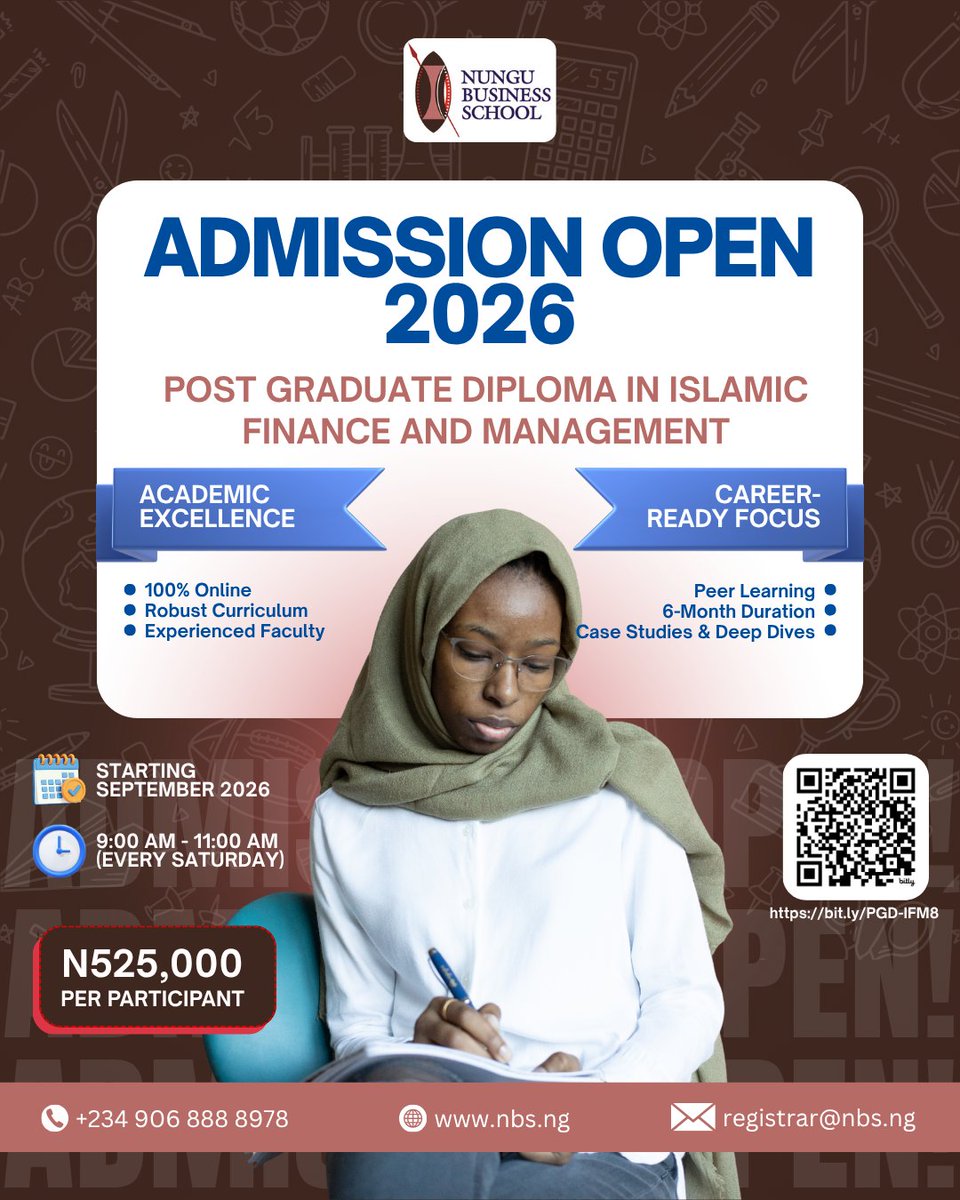 NBSLagos's tweet photo. This is the most talked about PGD program! The program is facilitated by industry experts and top-notch professionals from across the globe.

The course assumes zero knowledge of Islamic Finance.

To register, use this link:
https://t.co/q2MgKBE9Br
#islamicfinance #mudarabah https://t.co/8s9TeD4KJS