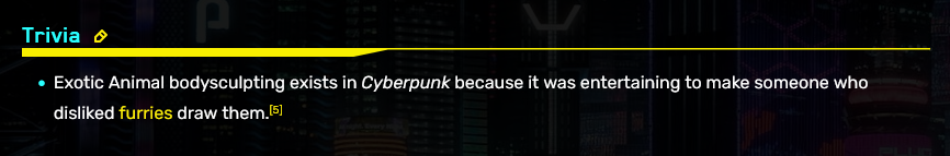 RealChyoden's tweet photo. looking into cyberpunk exotics and seeing this was funny

they added them just to make people draw furries https://t.co/A1KmSHhTqF