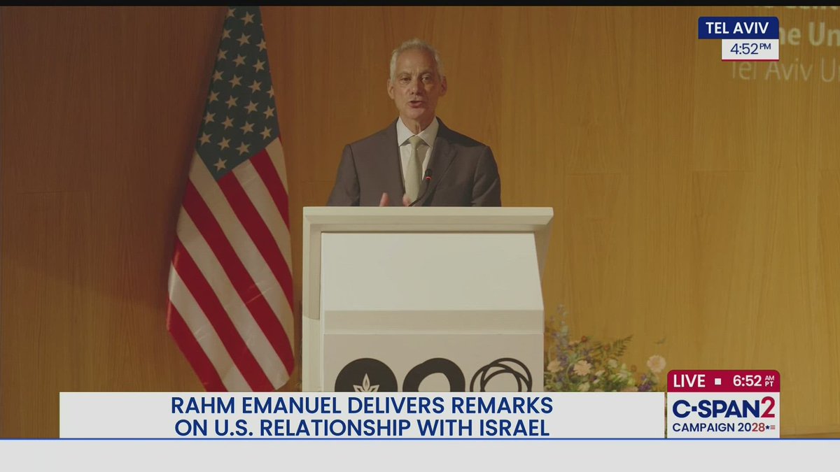 HowardMortman's tweet photo. LIVE now on C-SPAN2: From Tel Aviv, Rahm Emanuel Speaks on U.S.-Israel Relationship ...
https://t.co/O0bNVt1Btj https://t.co/4N8pa58Rps