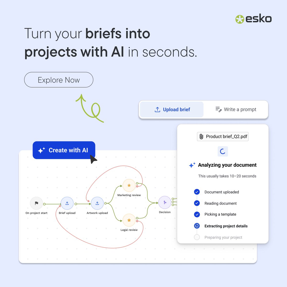 Eskocompany's tweet photo. It's time to give your packaging workflows an upgrade! ✨

The new Smart Project Creation feature lets you create projects from prompts and kick off projects faster with the right template and metadata.

Book a demo to learn more: https://t.co/j30tidwbZk https://t.co/8yVVUyggwN