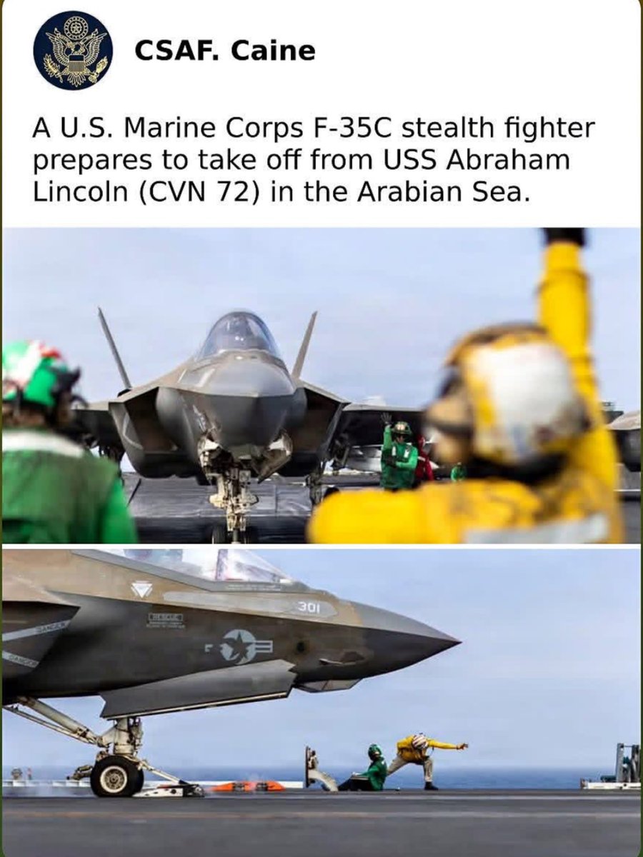 usafcaine's tweet photo. Stealth meets sea power. 
A U.S. Marine Corps F-35C Lightning II prepares to launch from USS Abraham Lincoln (CVN 72) in the Arabian Sea.

The carrier-based, 5th-gen F-35C — with advanced sensors, networked battlespace awareness, and low observability — readies for operations from a floating airfield in one of the world’s most volatile maritime corridors.

This scene is a deliberate signal. Embedding stealth fighters on a forward-deployed carrier turns the strike group into a penetrating, first-look, first-strike force. It tells adversaries that the reach of U.S. carrier aviation is now invisible, digitally fused, and able to hold high-value targets at risk with little warning — a powerful layer of deterrence in the Arabian Sea.

#F35C #USMC #USSAbrahamLincoln #CarrierStrikeGroup #ArabianSea #StealthPower #MaritimeDeterrence