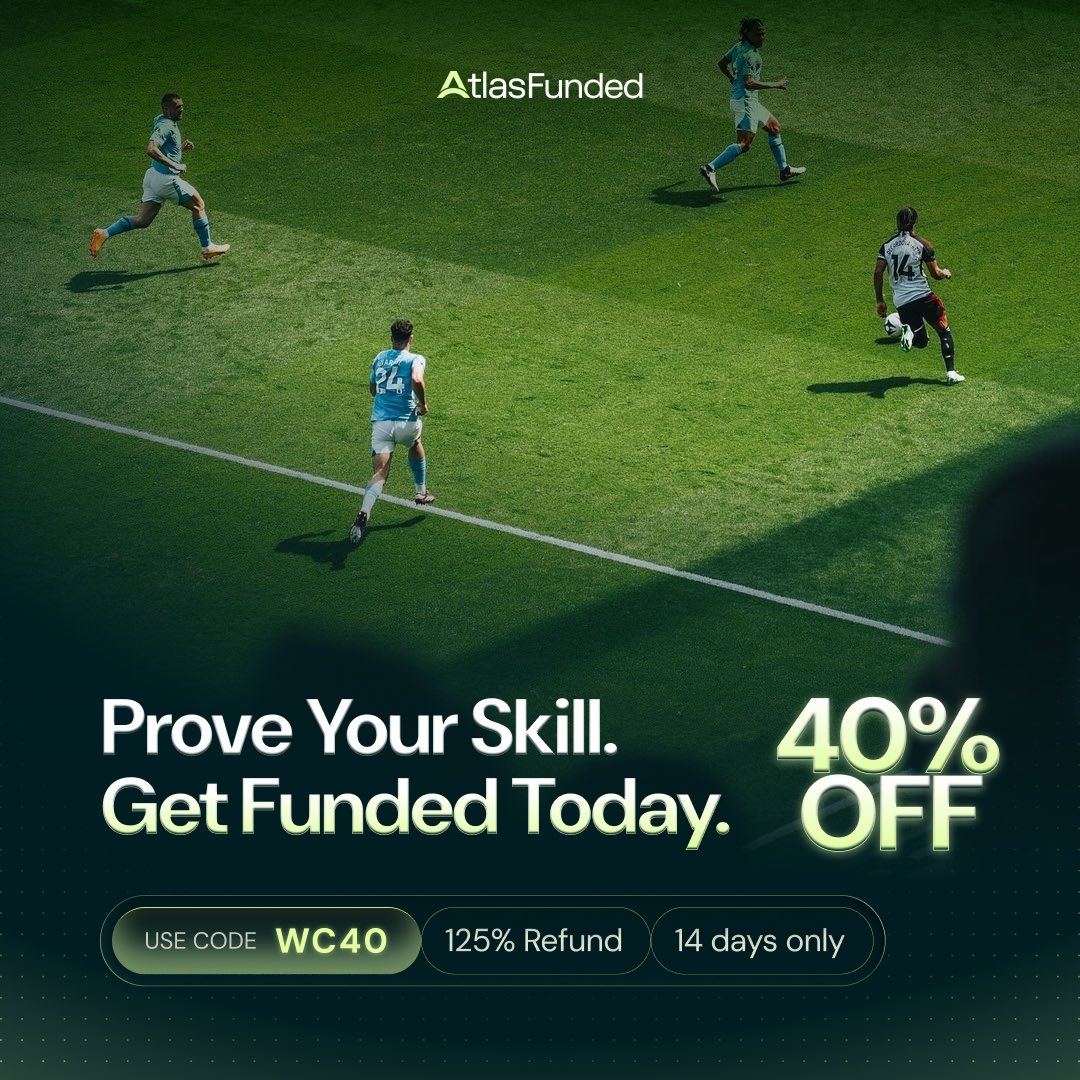 atlasfunded's tweet photo. The Quarter Finals are here. 

The best teams left standing.

Just like the best traders, they didn't get here by luck. They got here by skill.

40% off across all account sizes + 125% refund. Still live.

Use code: WC40

Only for a limited time. June 29 – July 12

Prove Your Skill. Get Funded Today.
https://t.co/hDScQJJGrn