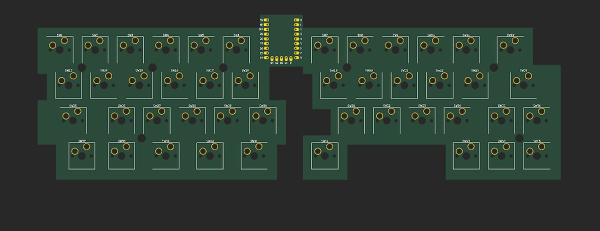 unikedama's tweet photo. kbforg生成PCBその３：[kle45] 
KLE（Keyboard Layout Editer)で作成したRowデータを貼り付けて基板を作るテスト用。MCUの位置を考えような？へのアンサーとして、間が空いてたらそこに入れることを覚えさせました。#自作キーボード #AIで生成 #kbforg https://t.co/ntyhnZ8xwg