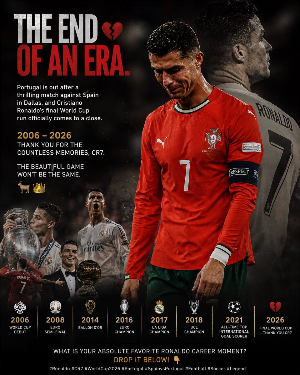 BiswajitPrep's tweet photo. The end of an era. 💔 Portugal is out after a thrilling match against Spain in Dallas, and Cristiano Ronaldo’s final World Cup run officially comes to a close. 

From 2006 to 2026, thank you for the countless memories, CR7. The beautiful game won't be the same. 🐐👑  

What is your absolute favorite Ronaldo career moment? Drop it below! 👇

#Ronaldo #CR7 #WorldCup2026 #Portugal #SpainvsPortugal #Football #Soccer #Legend