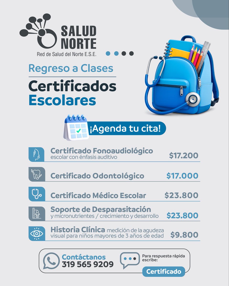 redsaludnorte's tweet photo. 🎒 ¡Que el regreso a clases no te tome por sorpresa! 📚

Realiza con tiempo los certificados escolares de tus hijos y comienza el año escolar con tranquilidad.✨

📞 Agenda tu cita al 319 565 9209.

En la Red de Salud del Norte E.S.E. estamos para cuidar de ti y tu familia. 💙 https://t.co/K85HoulBzV