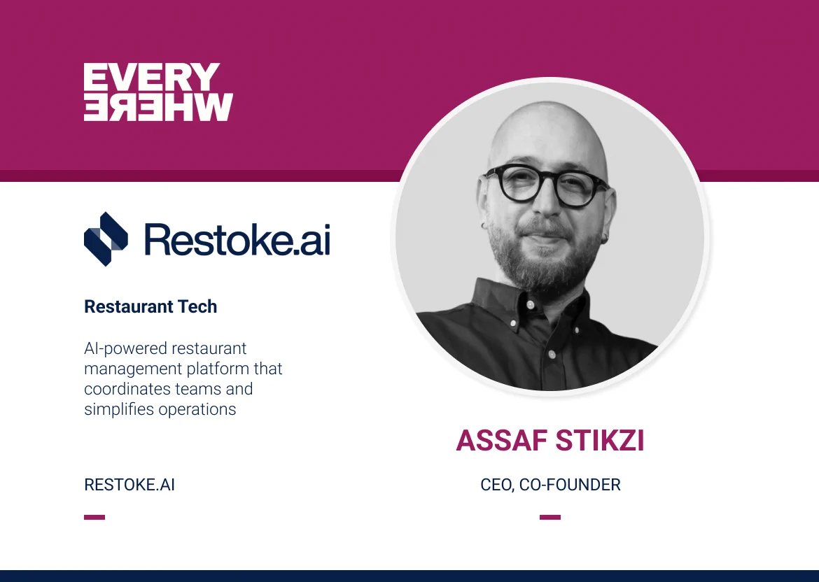 A company profile card for Restoke.ai with a magenta header displaying the mirrored “EVERYWHERE” Ventures logo. On the left, the Restoke.ai logo appears above the label “Restaurant Tech” and the description: “AI-powered restaurant management platform that coordinates teams and simplifies operations.” The website “RESTOKE.AI” is listed below. On the right, there is a circular black‑and‑white portrait labeled “Assaf Stikzi, CEO, CO‑FOUNDER.”