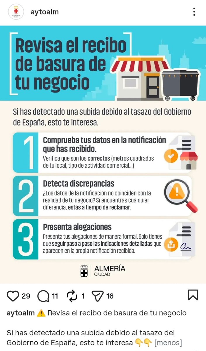 Juanfra_87's tweet photo. Quería comentar esta infumable publicación del Ayuntamiento de Almería donde acusa, falsamente, al gobierno de Sánchez de tasazo de basura (cuando es una directriz de nuestra inefable alcaldesa @Mar_del_MarVaz), pero el @aytoalm me tiene bloqueado en su cuenta de Instagram 😌 https://t.co/xqdKS27jiE