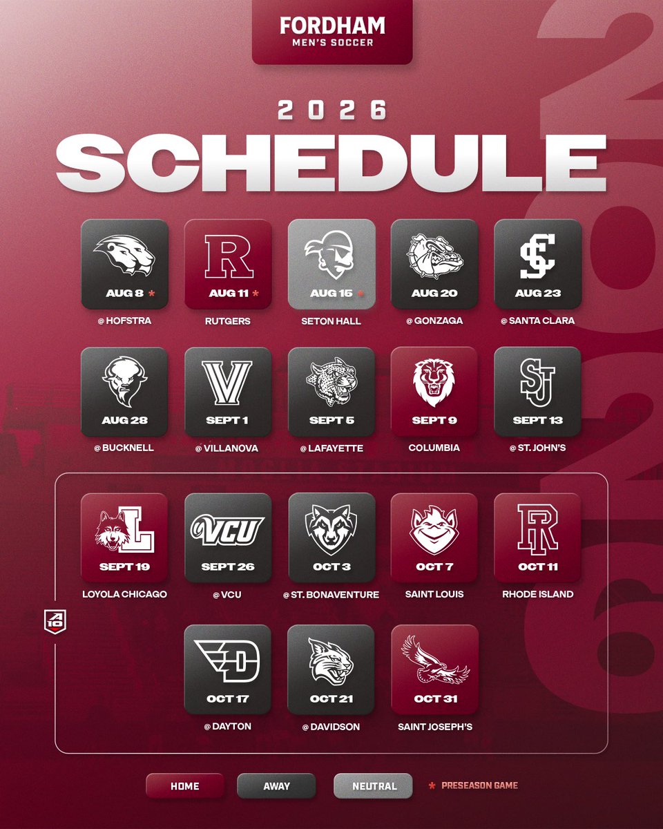 FordhamSoccer's tweet photo. 🚨2026 SCHEDULE 🚨
The Fordham Men’s Soccer schedule is here‼️
#LetsGoRams https://t.co/lKjIDLXtL9