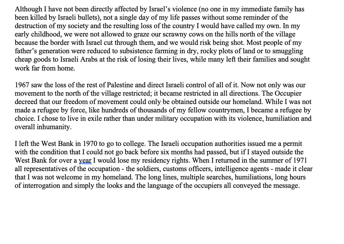 JeninYounesEsq's tweet photo. In 2009, my father--a Palestinian who grew up in the West Bank and became an American citizen when I was a child--was denied entry into Israel on a trip to visit his mother, siblings, nieces, and nephews in the West Bank, because he was Palestinian. Israel never provided any specific explanation for mistreating him, beyond the obvious inference it was due to his ethnicity.

Despite promising reciprocal treatment of Americans regardless of their ethnic backgrounds under the visa waiver program between our countries, Israel routinely abrogates its commitments.

My father wrote about his humiliating and disturbing experience for a 2016 anthology called "Being Palestinian."  You can read it below.