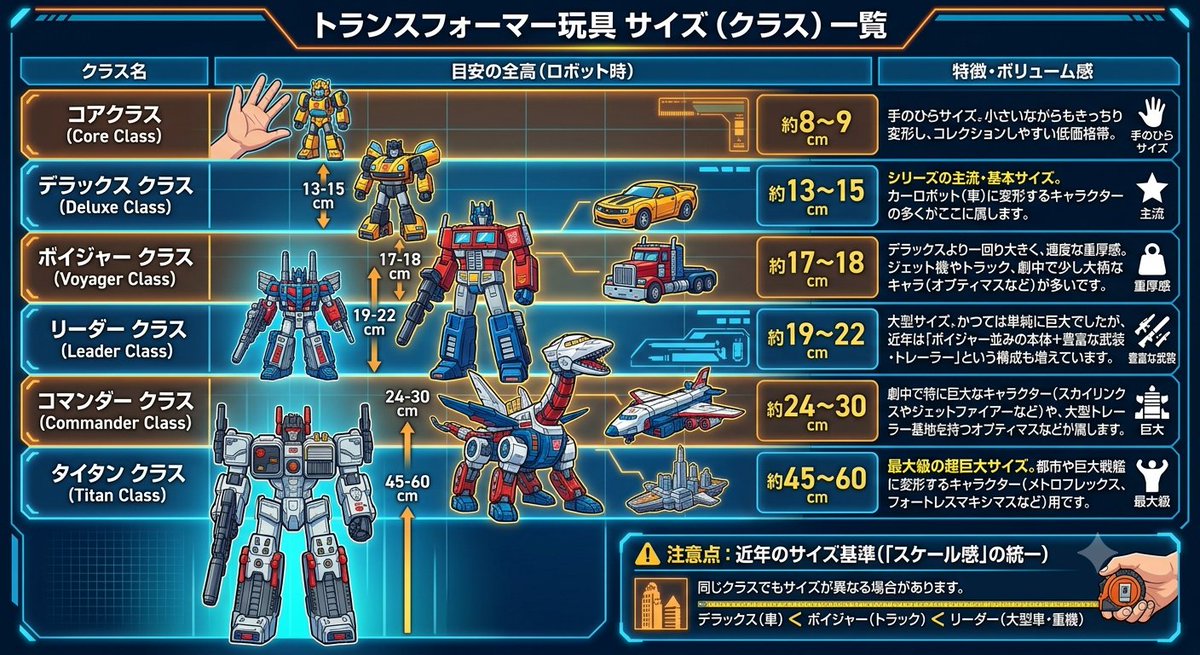 RS_commander's tweet photo. たまに忘れるトランスフォーマーの
玩具サイズ（クラス）一覧をGeminiに作ってもらいました〜。 https://t.co/zi6ztk2Icu