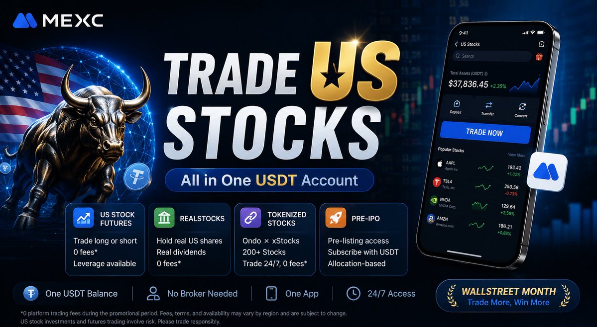 0xjtrade's tweet photo. Everyone’s looking for the next AI stock.

I think that’s the wrong approach.

AI isn’t creating one winner it’s reshaping an entire ecosystem. When the narrative picks up, attention doesn’t stay on one company. It moves across chipmakers, memory, cloud infrastructure, power, and Big Tech.

That’s why I’ve been paying more attention to how I access US stocks than trying to predict which stock moves next.

One thing I found interesting during @MEXC WallStreet Month is that everything sits under one roof using a single USDT balance.

Depending on your strategy, you can:

Trade US Stock Futures to capture price movements (long or short) with 0 platform trading fees during the promotional period

Hold RealStocks through MEXC’s partnered licensed broker if you’re looking for exposure to actual US shares

Use Tokenized Stocks (Ondo × xStocks) for on-chain access to US stock exposure

Explore Pre-IPO subscriptions for selected pre-listing opportunities

Markets don’t stand still, and neither do opportunities.

For me, the advantage isn’t trying to guess tomorrow’s headline it’s having different ways to respond when the market narrative changes.

If you’re already in crypto and have been thinking about US stocks, this is worth exploring.

@MEXC

#WallStreetMonth

US stock investing and futures trading involve risk, Product availability, fees, and promotions are subject to MEXC’s official terms and regional restrictions