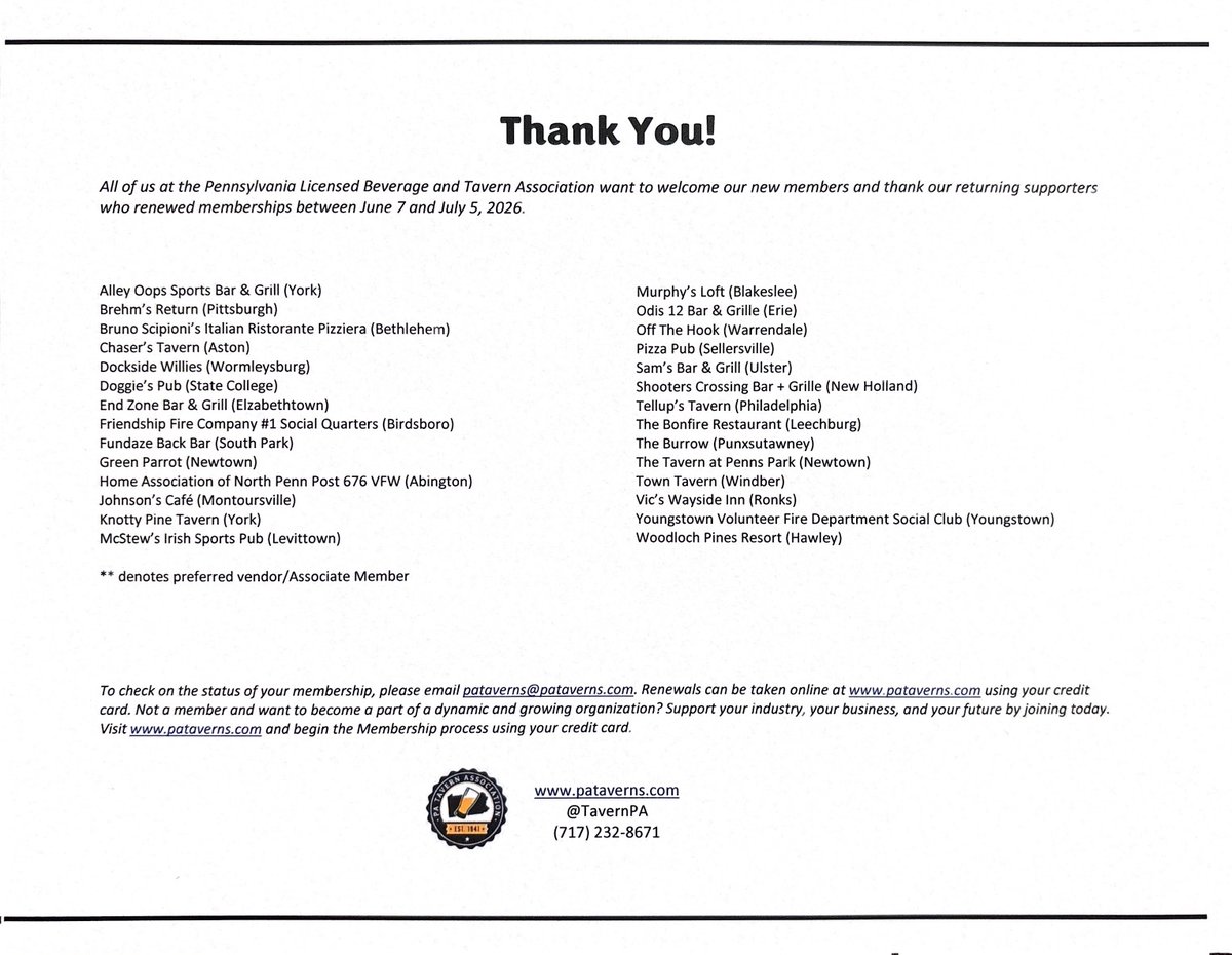 TavernPa's tweet photo. Very thankful for all of our Members, and a special thanks to those who recently joined for the first time or renewed Memberships recently. 

Not a Member? We invite you to join forces with your colleagues from around the state https://t.co/Ds0DMvnyql

#PaTaverns #PaRestaurants https://t.co/mYmZDRKbCs