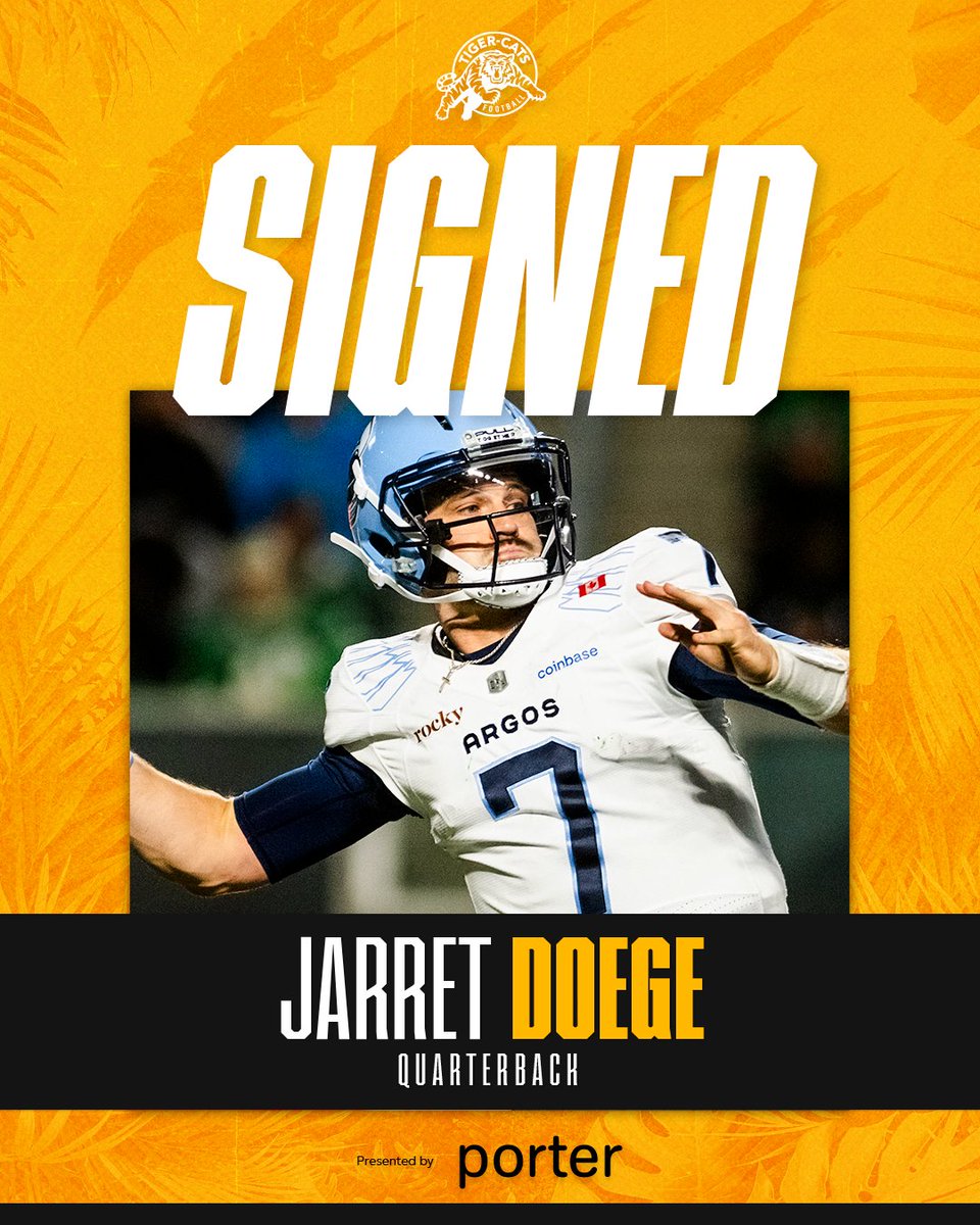 Ticats's tweet photo. We've signed 🇺🇸 QB Jarret Doege!    

🗞️ | https://t.co/NlQ9gnvu8W

Presented by @porterairlines https://t.co/0Op9wgFIp7